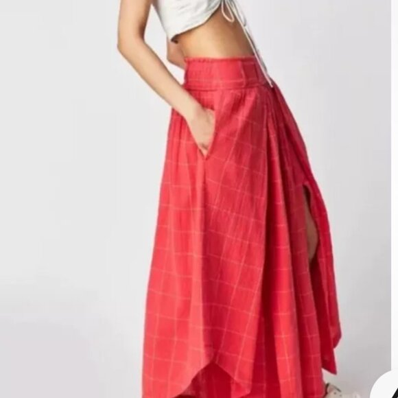 Free People Woman's Lunar Cove Multi Chic Red/Coral Wide Leg Pants LARGE - Picture 2 of 5